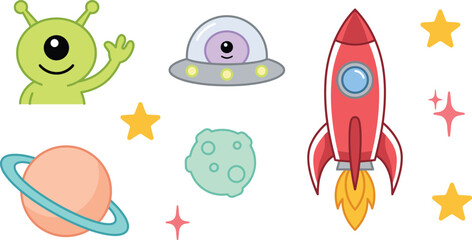 Cute Outer Space Element Set featuring Cartoon Alien, Rocket Ship, Flying Saucer UFO, Planets, Meteor, and Shiny Stars for Kids Designs © Rownok