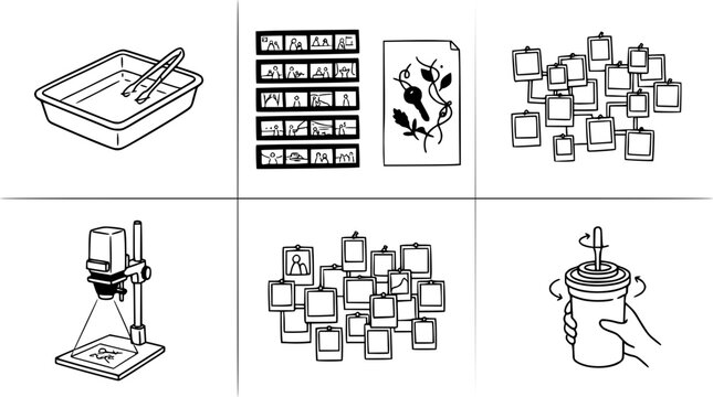This image illustrates the essential steps in the darkroom process for photography, showcasing equipment and techniques used to develop film and prints effectively.
