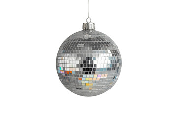 Fototapeta premium Hanging silver disco ball reflecting colorful lights, representing party, celebration, music, dance and nightlife events