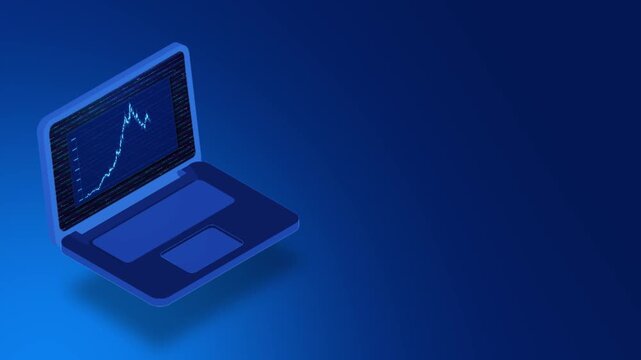 3D Isometric Blue Laptop Displaying Rising Financial Stock Graph on Screen with Copy Space