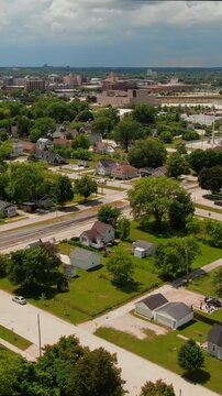 Vertical aerial shot of Green Bay, stormy weather in background, Wisconsin, USA