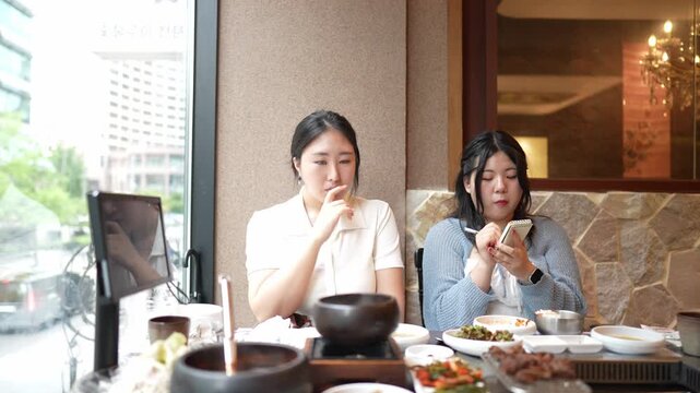 Two women dine together at a restaurant. One woman sips tea, the other looks at her phone. They sit near a large window, enjoying a meal. The setting is warm and cozy. This scene captures casual