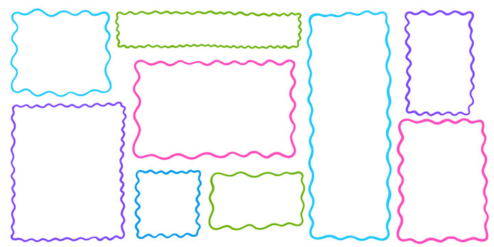 Wavy rectangle and square frame set. Doodle organic shapes, irregular text box and abstract fun hand drawn borders. Fluid edge figure with playful design. Vector wavy textbox shapes