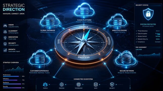 Futuristic Digital Compass Navigating Strategic Direction in Cloud Computing.
