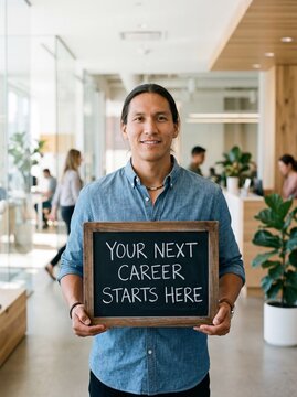Confident indigenous man in his 30s holds chalkboard sign saying Your Next Career Starts Here in bright office