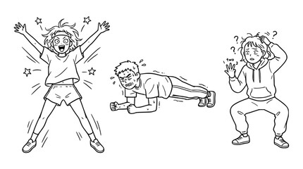 Obraz premium This illustration captures the vibrant energy of children as they perform different physical activities like jumping, exercising, and pondering, showcasing youthful enthusiasm and determination.