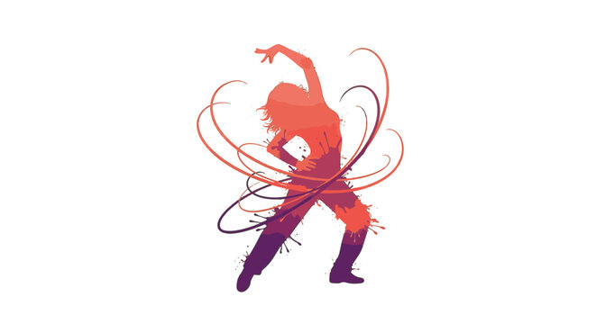 Silhouette of a modern dancer with vibrant orange and purple gradient, featuring paint splatter effects and swirling abstract lines, isolated on white background vector art.