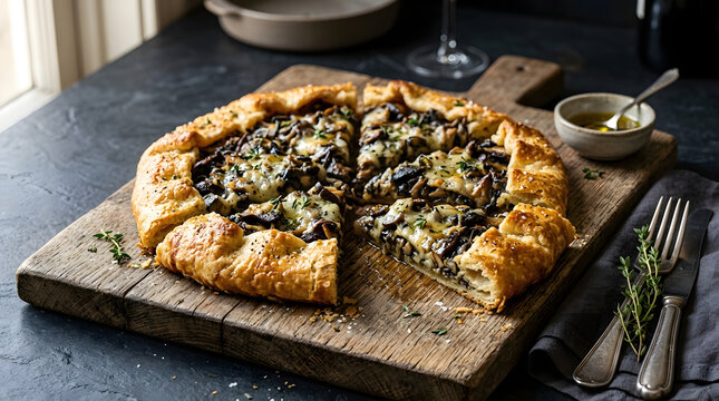 Festive Thanksgiving Savory Mushroom Galette Sliced on Wooden Board with Thyme and Cheese Food Styling