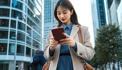 Fototapeta premium Asian Businesswoman Using Smartphone for Professional Work in an Urban City Street Office Setting