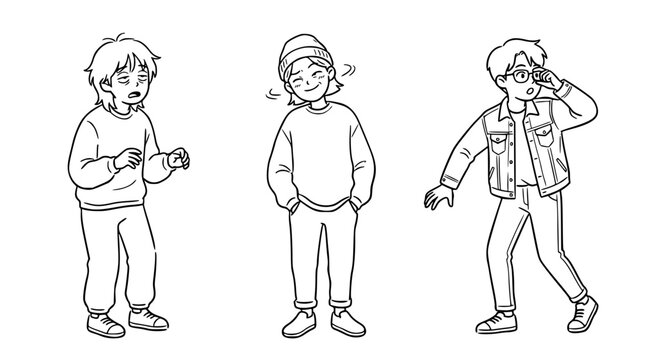 An artistic representation of three young individuals in different styles, reflecting varied emotions and postures, highlighting the beauty of youth and expression.