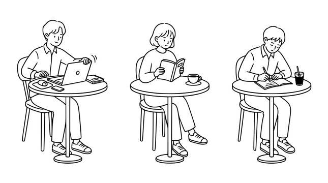 These illustrations depict individuals working, reading, and journaling in a cozy caf&eacute; environment, highlighting creativity, focus, and the vibrant atmosphere of local spots.