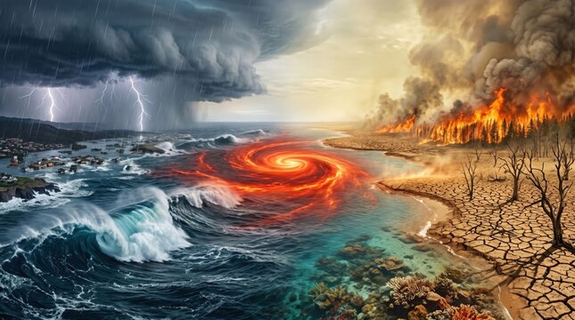 Global climate change cataclysm caused by Super El Nino showing split world with destructive ocean storm flood and dry cracked ground with wildfire.