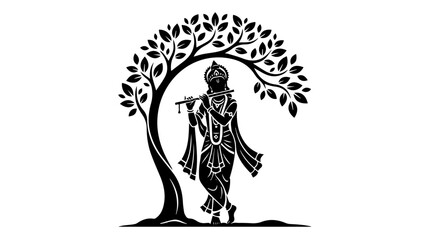 Black‑and‑white illustration of Lord Krishna playing the flute beneath a leafy tree, symbolizing peace, devotion, and divine harmony © Toqeer