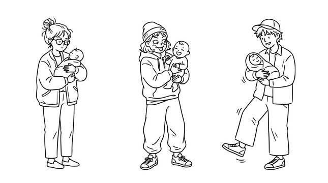 This caring illustration features three individuals lovingly holding babies, symbolizing tenderness, family bonds, and the joyful moments of parenthood in everyday life.