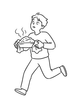 This dynamic illustration captures an individual rushing while holding a dish, emphasizing urgency and the excitement of sharing meals and experiences with others.