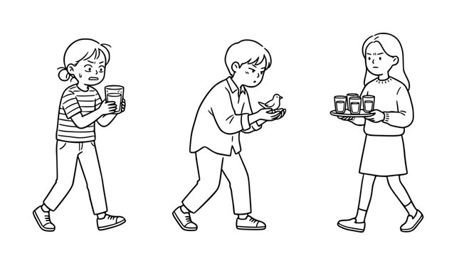 This engaging artwork illustrates three young individuals carrying drinks and items, capturing the essence of daily chores and the routine aspects of contemporary youth life.