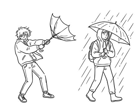 This illustration captures two characters dealing with rainy day challenges, highlighting their contrasting experiences of battling the elements and staying composed in bad weather.