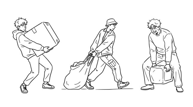 This image depicts three individuals engaging in various forms of carrying loads, showcasing the challenges of daily life and the determination to get things done effectively.