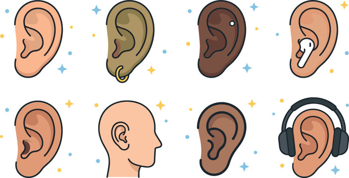 Human ears cartoon vector illustration set with diverse skin tones ear piercings wearing wireless earbuds and headphones isolated on white background with sparkles