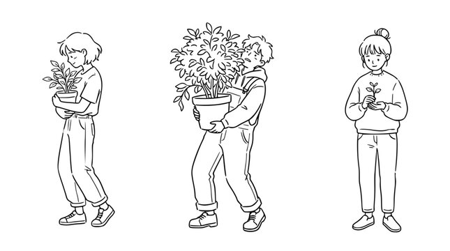 This image introduces three characters handling plants, emphasizing the connection between people and nature, growth, and the emotional benefits of nurturing green life in urban settings.