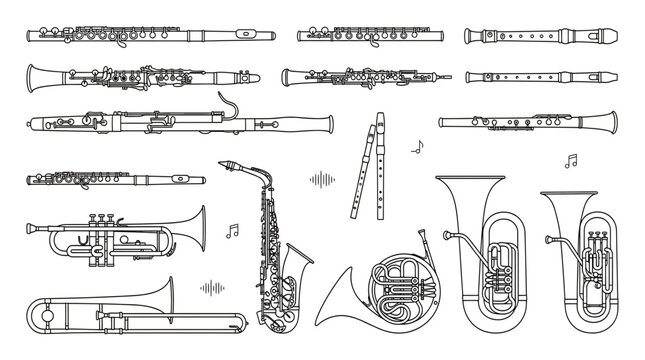 Woodwind and Brass Musical Instruments Line Art Collection
