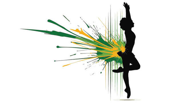 Black silhouette of female Irish dancer performing traditional step dance with green and orange ink splatters and vertical lines on white background for Saint Patrick's Day.