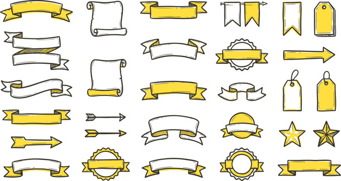 Hand-drawn yellow and white ribbon banners, vintage sketch scroll and flag collection, decorative doodle label and tag vector set for scrapbooking