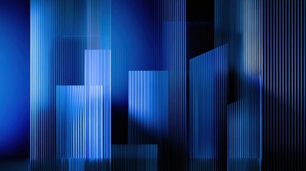 Fototapeta na wymiar abstract geometric dark blue background with vertical ribbed glass patterns parallel stripes glowing light effects and corporate tech architecture style interior design concept digital render.