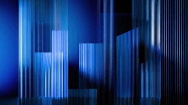 abstract geometric dark blue background with vertical ribbed glass patterns parallel stripes glowing light effects and corporate tech architecture style interior design concept digital render.