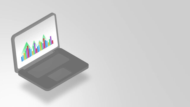 3D Isometric Laptop Animation displaying Growing Business Graph and Financial Data Analytics