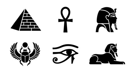 Obraz premium Ancient Egyptian icons featuring pyramids, ankh, pharaoh, scarab, Eye of Horus, and Sphinx in black silhouette design