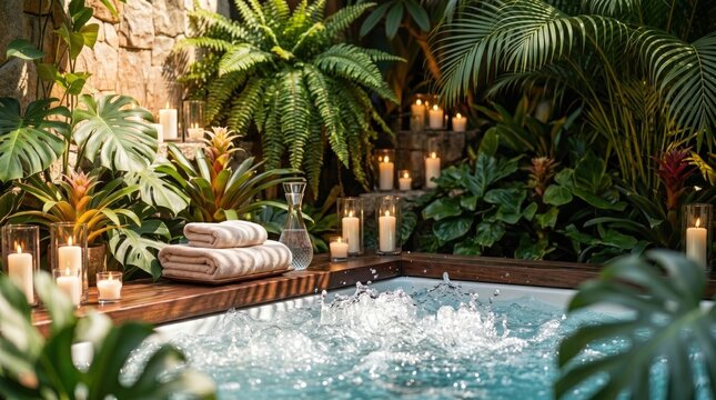 Luxury indoor spa jacuzzi hot tub with bubbling water candles and towels tropical plants wellness relaxation interior background no people