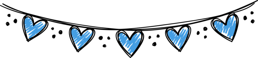 Hand-drawn blue heart bunting vector, whimsical sketch heart garland illustration, decorative party banner for baby shower and wedding design