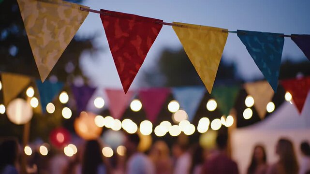 Colorful party bunting and bokeh lights illuminate a twilight gathering of people