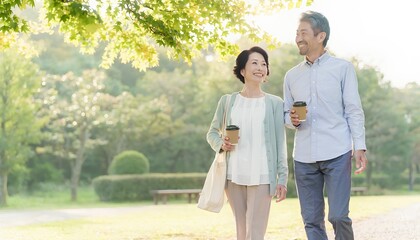 Fototapeta premium 50代の日本人夫婦が公園で朝の光を浴びながら散歩とコーヒーを楽しむ