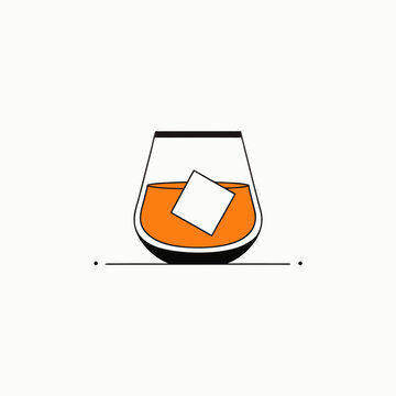 Amber liquor in a glass with a single ice cube, minimalist illustration