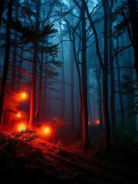 Mysterious forest with glowing symbols and mist,  glow,  symbols