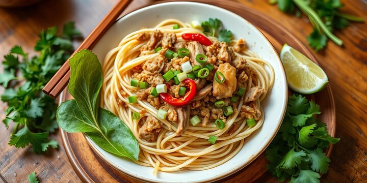 Plate of Khao soi yuan naan featuring noodles, minced pork, green onions, cilantro, chili, lime, and sesame seeds,  pork noodles, Northern Thai dish