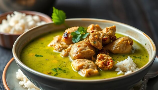 Rich green curry with tender chicken, a fragrant and spicy Thai classic with rice,  culinary,  authentic