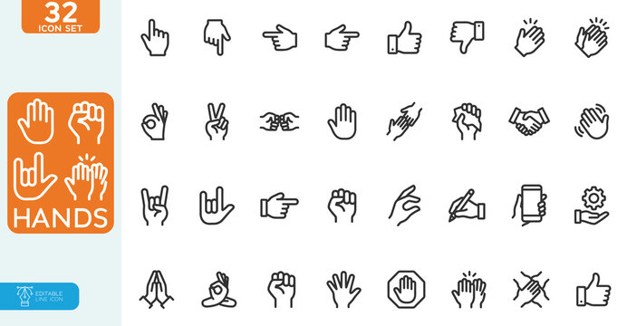 Hands Vector illustration line editable Icons set. Handshake, hands holding mobile, click, stop, applause, like, thumbs up. on white background.