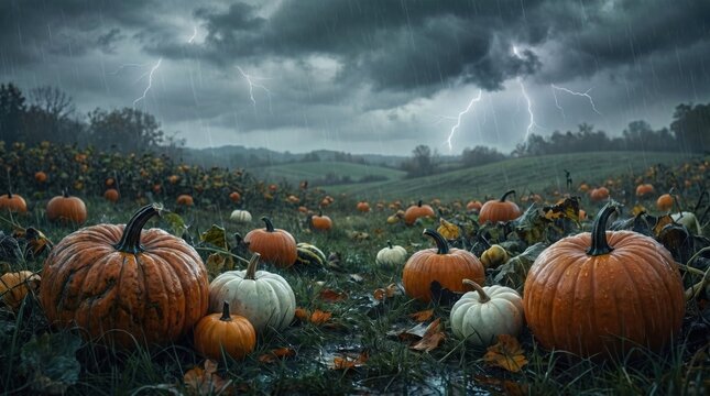 Dramatic storm over pumpkin patch with heavy rain and lightning strikes in dark night sky scary autumn weather halloween horror background