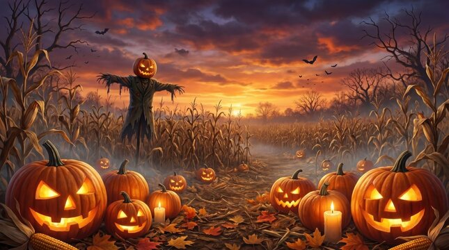 Magical halloween path through spooky cornfield with glowing jack o lanterns and scarecrow at dramatic sunset autumn horror landscape banner