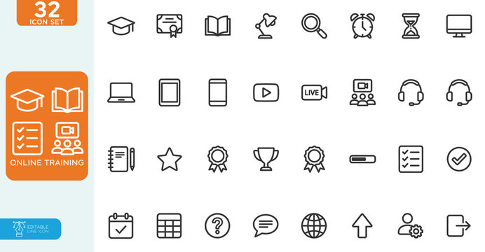 Online Training Vector illustration line editable Icons set. Education, seminar, online test, webinar, course, distance learning collection. on white background.