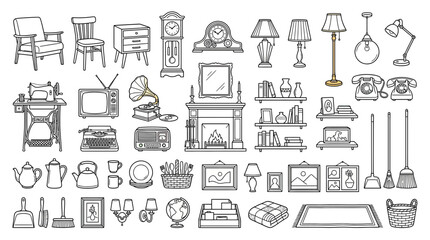 Fototapeta premium Vintage Home Decor Collection: Furniture, Antiques, and Household Items - Hand-Drawn Illustration