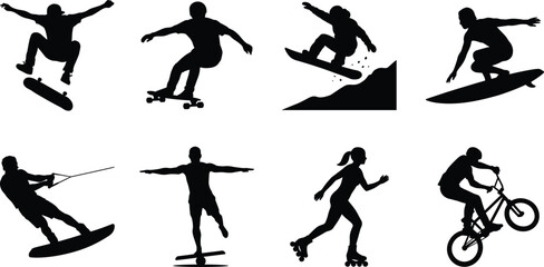 Set of extreme action sports silhouettes featuring skateboarding, surfing, snowboarding, rollerblading, and BMX biking © MdBabul