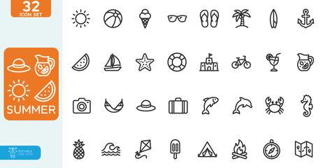 Summer Vector illustration line editable Icons set. Vacation and beach web icons in line style. Travel, holiday, tourism, hotel, passport, maps, landscape, camera. Icon collection. on white background © MstRatna