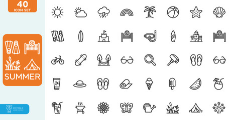 Summer Vector illustration line editable Icons set. Vacation and beach web icons in line style. Travel, holiday, tourism, hotel, passport, maps, landscape, camera. Icon collection. on white background © MstRatna