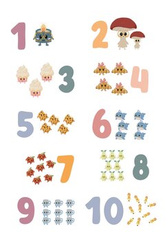 Cute counting numbers 1-10 educational poster for kids. Kawaii math learning chart with funny characters for preschool and kindergarten.