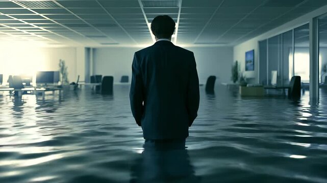 A business professional standing in a flooded office, symbolizing business disruption, crisis management, and financial risk