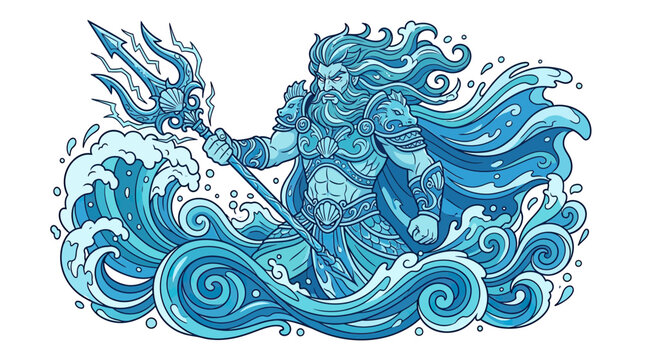 Poseidon God of the Sea, Holding Trident, Surrounded by Waves